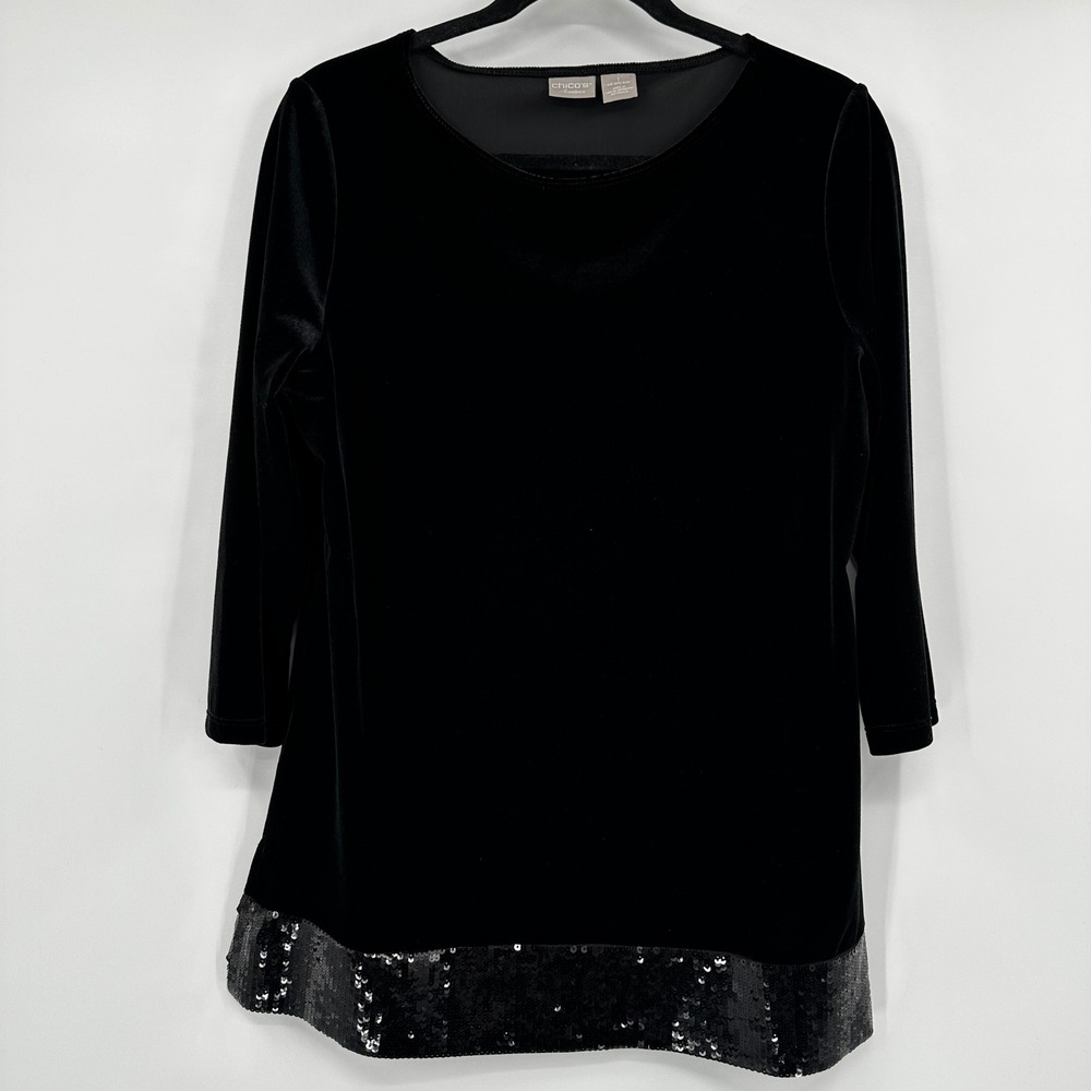 Chicos Travelers Black Velvet Sequin Hem Tunic Top Size 1‎ US 8/10 Party Elegant